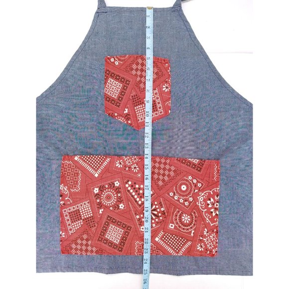 Vintage Handmade Denim Bandana Bib Apron 1970s Red 5 Pockets Handkerchief Adjust - Picture 5 of 8